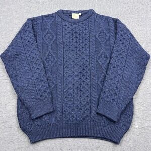 VTG Aran Country Sweater Men's Large Blue Chunky Cable Knit Wool Jumper Ireland